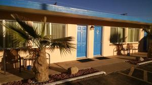 a palm tree in front of a building with blue doors at White Sands Motel in Alamogordo