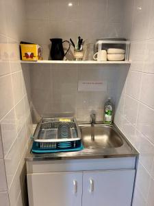 a kitchen sink with a dish drying rack next to it at Studio proche RN145 Chez Greg in Saint-Sulpice-le-Guérétois +7 photos