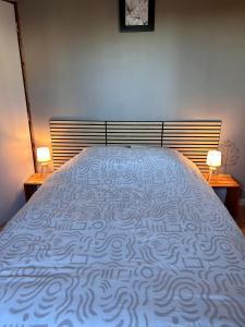 a bed in a bedroom with two lamps on tables at Studio proche RN145 Chez Greg in Saint-Sulpice-le-Guérétois