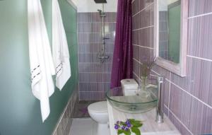 a bathroom with a glass sink and a toilet at Retiro Da Arminda in Canedo +71 photos