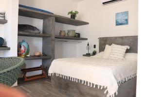 a bedroom with a large bed and shelves at Las 3 Carabelas BCS in El Sargento
