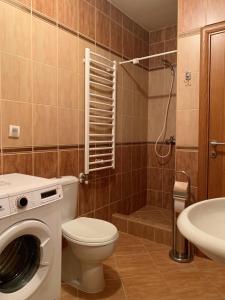 a bathroom with a toilet a sink and a washing machine at Prizma in Cetinje
