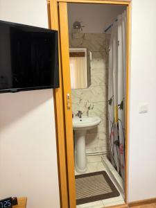 a bathroom with a sink and a toilet and a shower at Domeniul Ursului in Valea Stejarului +39 photos
