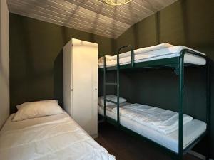 two bunk beds in a room with a bed at Boslodge 7 personen in Tiendeveen