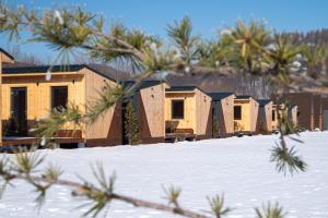a row of wooden houses in the snow at Lala Camp in Vama Buzăului