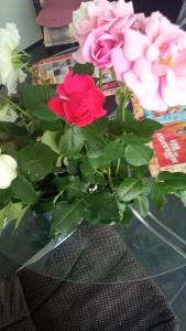 a vase filled with pink roses on a table at RELAXViLLA MISKOLCTAPOLCA in Miskolc