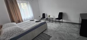 ein Schlafzimmer mit einem Bett, zwei Stühlen und einem Tisch in der Unterkunft Jarocin in Jarocin