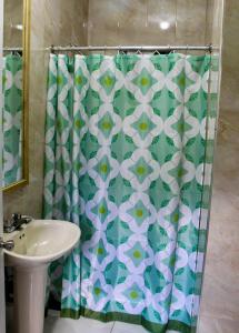 a bathroom with a shower curtain and a sink at Coke Guest House in Mandeville +23 photos