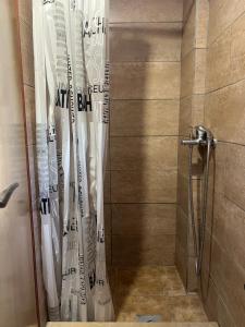 a shower with white shower curtains in a bathroom at Kamp Seosko domaćinstvo Radman in Herceg-Novi +70 photos