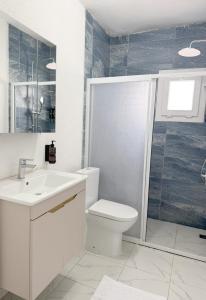 a bathroom with a toilet and a sink and a shower at Suda Pansiyon in Bodrum City