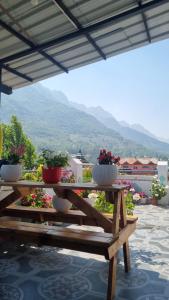 a picnic table with flower pots on top of it at FarahBakshResidency in Srinagar