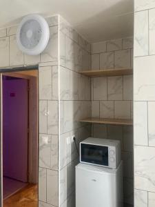 a microwave sitting on top of a refrigerator in a room at Hôtel Cyrano Voltaire in Paris