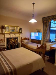 a bedroom with two beds and a flat screen tv at Battery Lodge in Rothesay