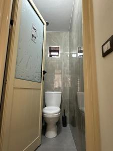 a bathroom with a toilet and a shower at Queen-V Hostel in Vlorë