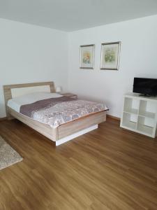 a bedroom with a bed and a television on a wooden floor at Gästezimmer mit eigenem Eingang in Schwäbisch Hall