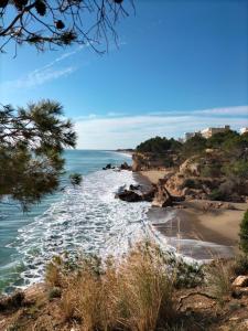 a view of a beach with the ocean at Hotel Mas Aguiló in Miami Platja