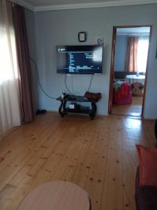 a living room with a television and a wooden floor at Aisi in Stantsiya Sagaredzho