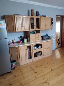 a kitchen with wooden cabinets and a refrigerator at Aisi in Stantsiya Sagaredzho