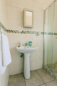 a bathroom with a sink and a shower at Trig Beacon in Manzini +21 photos