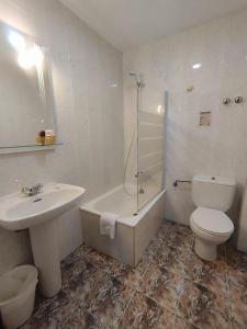 a bathroom with a sink and a toilet and a shower at Hostal La Alberca in La Alberca