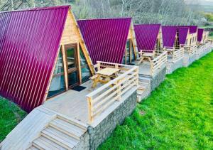 a row of wooden houses with purple roofs at Shahunts Resort in Odzun
