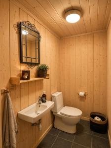 a bathroom with a toilet and a sink and a mirror at Spacious cabin with beautiful Geilo views in Geilo +39 photos