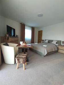 a bedroom with a bed and a table and a chair at Vila Veles in Dolný Kubín