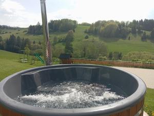 a large metal tub filled with water in a yard at Vila Veles in Dolný Kubín +35 photos