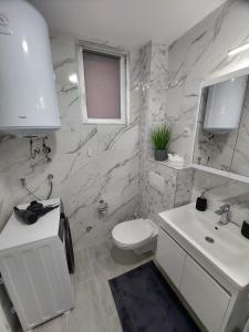 a white bathroom with a toilet and a sink at Apartman Gordana i Andreas in Banja Koviljača +31 photos