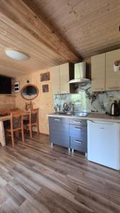 a kitchen with a sink and a table in a room at Domki Białogarda in Białogarda