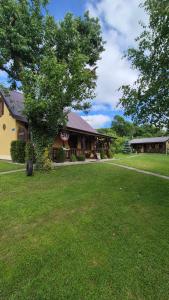 a house with a tree in front of a yard at Domki Białogarda in Białogarda