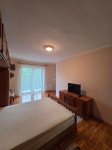 ein leeres Zimmer mit einem Bett und einem Fernseher in der Unterkunft SaDa Centar in Apatin