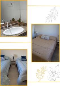 three pictures of a bathroom with a bed and a bath tub at uriburu45 in Malargüe