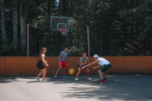 a group of people playing a game of basketball at Fiddler Lake 72 with Private spa, pool table & Pool in Mille-Isles +18 photos