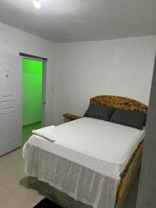 a bedroom with a large bed with a green door at BaYO HOTEL in Vaudreuil