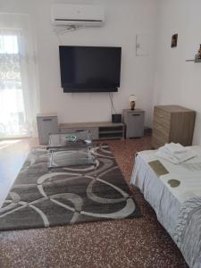 a living room with two beds and a flat screen tv at Eclisse quinto piano senza ascensore in Palermo