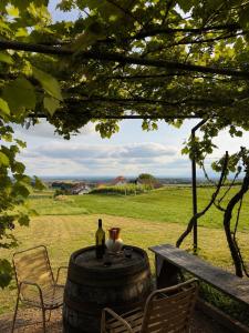 a table with a bottle of wine and a bench at Weekendica in Fokovci