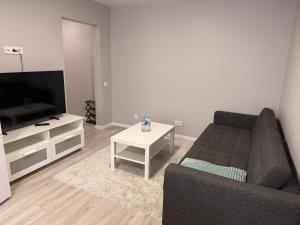 a living room with a couch and a table at Apartment Ventos 55 in Mažeikiai