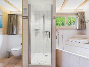 a bathroom with a shower and a tub and a toilet at Guardian Gate Lodge in Iseltwald +22 photos