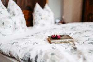 a book sitting on top of a bed at Gästehaus Frevel in Münstermaifeld
