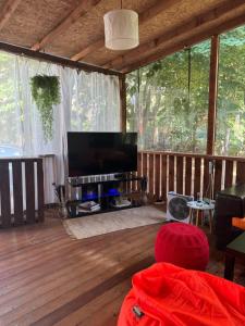 a living room with a flat screen tv on a deck at karavana.ta in Chernomorets