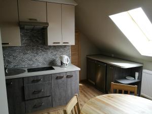 a kitchen with a stove and a sink and a table at Agroturystyka Pod Czaplami in Pieniężno