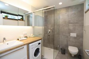 a bathroom with a washing machine and a glass shower at BL Waterside 55 in Balatonlelle