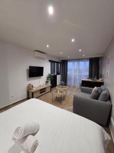 a bedroom with a bed and a living room at Studio cosy devant RER B TGV Massy SNCF in Massy