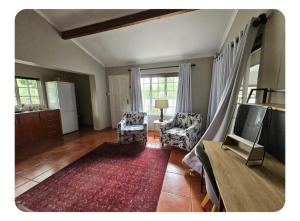 a living room with a television and a couch and chairs at StayAtGoethe in Secunda