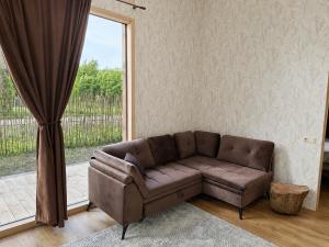a brown couch in a living room with a window at DEIVID house for rent in Skulte