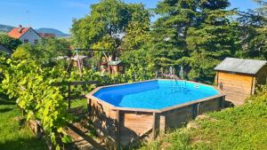 a swimming pool in a yard with vines at Gîte et Chambres d'hôtes, l'Erable in Beblenheim