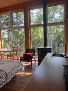 a kitchen with a sink and a table and windows at Tanières MicroChalets Charlevoix in Baie-Saint-Paul