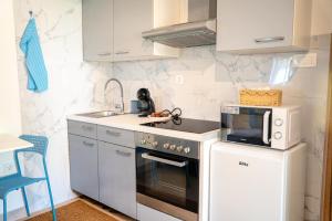 a white kitchen with a microwave and a stove at Aria garden house in Loborika