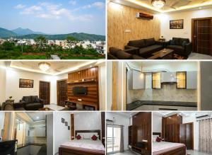 a collage of photos of a living room at Thecrestoria in Dehradun